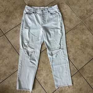 Old Navy High Rise Slouchy Straight Jeans Sz 4 Distressed Button Fly Light Wash